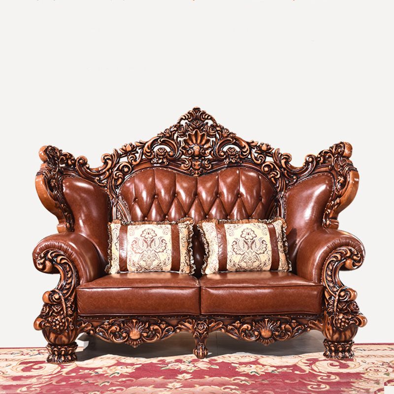 Genuine Leather Sofa Brown Tufted Split-Back Rolled Arm Sofa