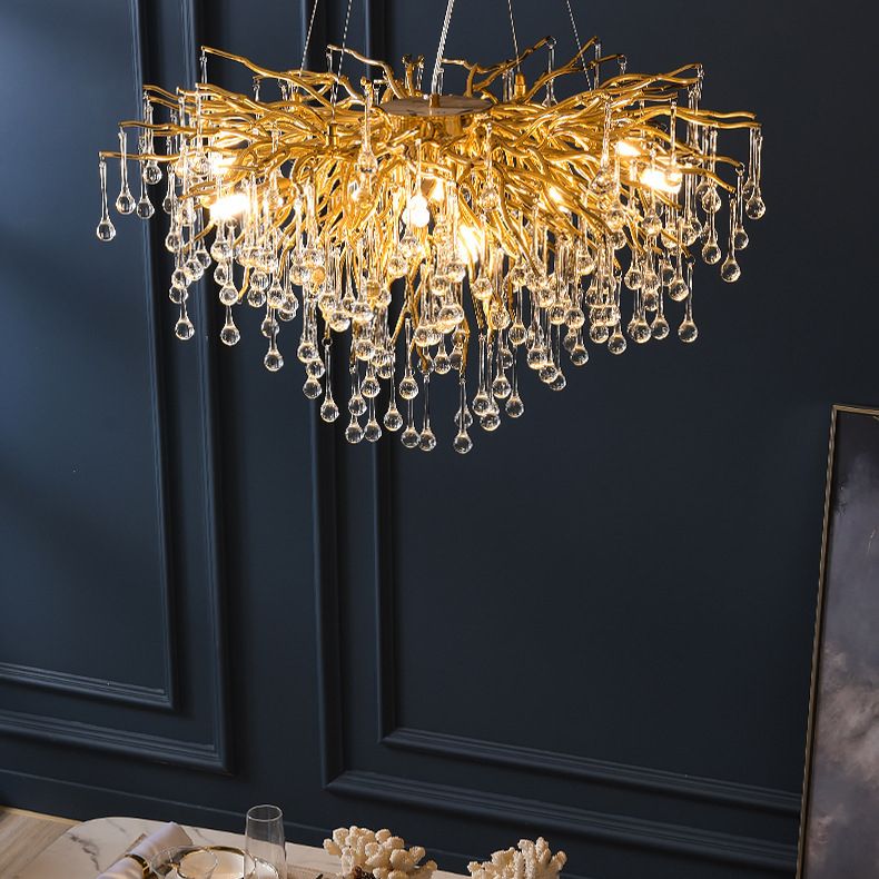 Gold Nest Chandelier Lighting Luxury Country Style Crystal Living Room Hanging Light