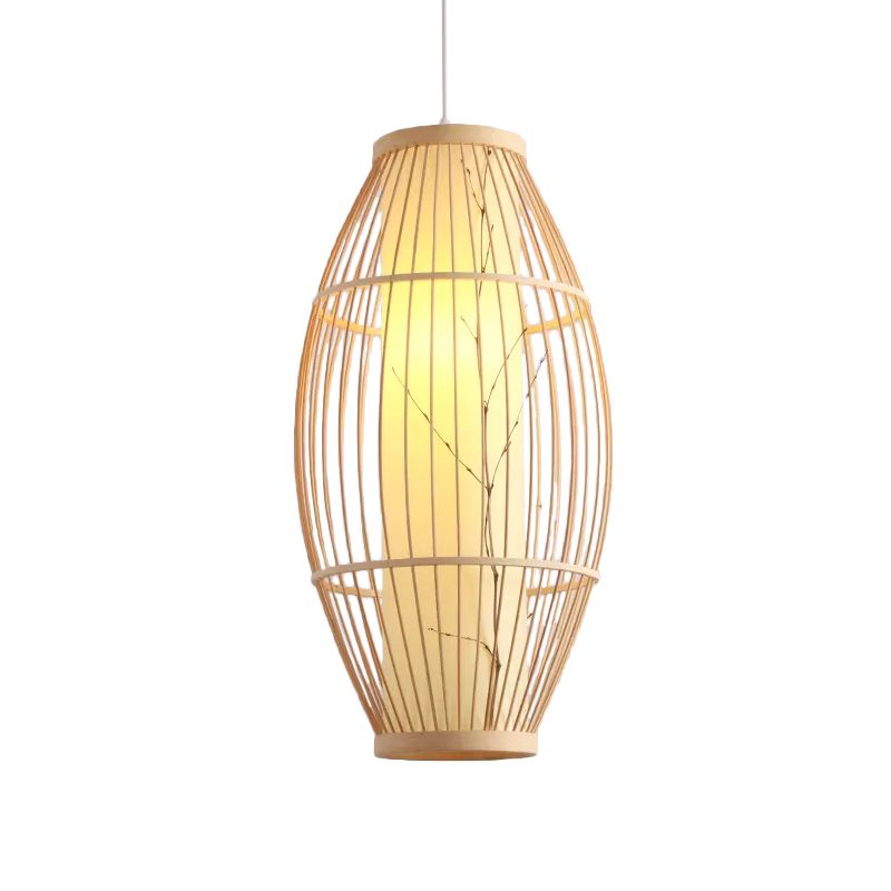 Asiatische 1-Haupt-Anhänger-Leuchten-Leuchte Beige ovale Deckenhängung Lampe mit Bambusschatten, 14 "/19.5" /31,5 "breit