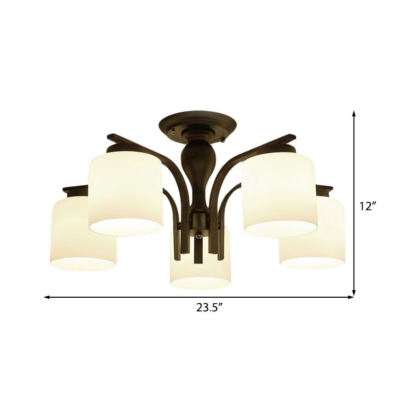 3/5/6 Lights Semi Flush Mount Traditional Cylinder Frosted Glass Ceiling Light in Black for Bedroom