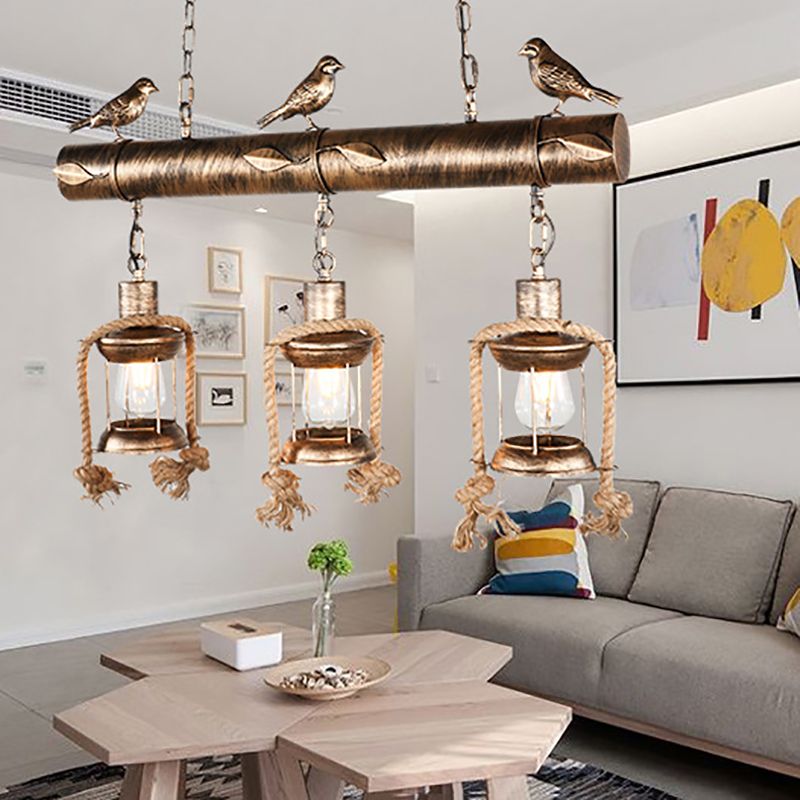 Kit lampada a sospensione di vetro a 3 luci in vetro a 3 luci a 3 luci in ottone antico in ottone antico con uccello