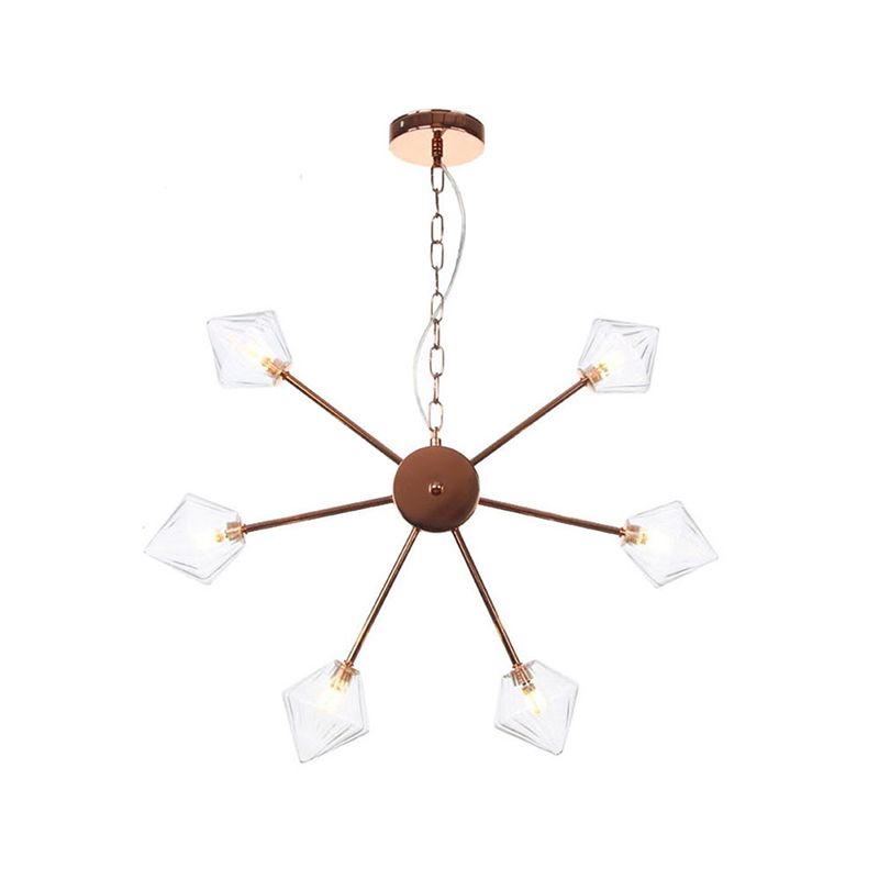 Diamond Shade Hanging Lighting Industrial Amber/Clear Glass 6/9/12 Heads Living Room Chandelier Lamp in Black/Brass/Copper