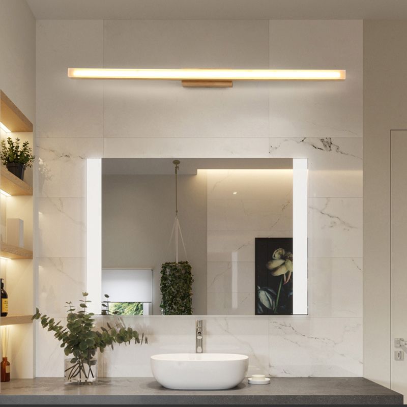 Wood Linear Shade Wall Sconce Modern 1 Light Mirror Wall Lighting Fixtures in Brown