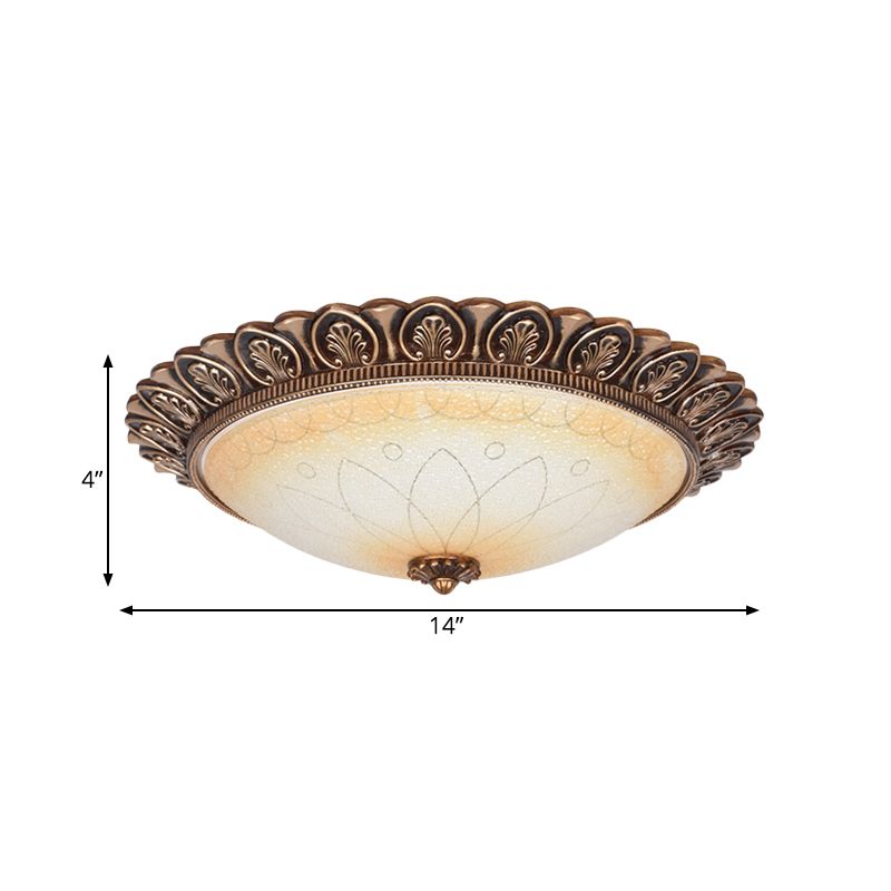 LED Flush Ceiling Light Antique Leaf-Trimmed Dome Frosted Glass Flushmount Lighting in Gold
