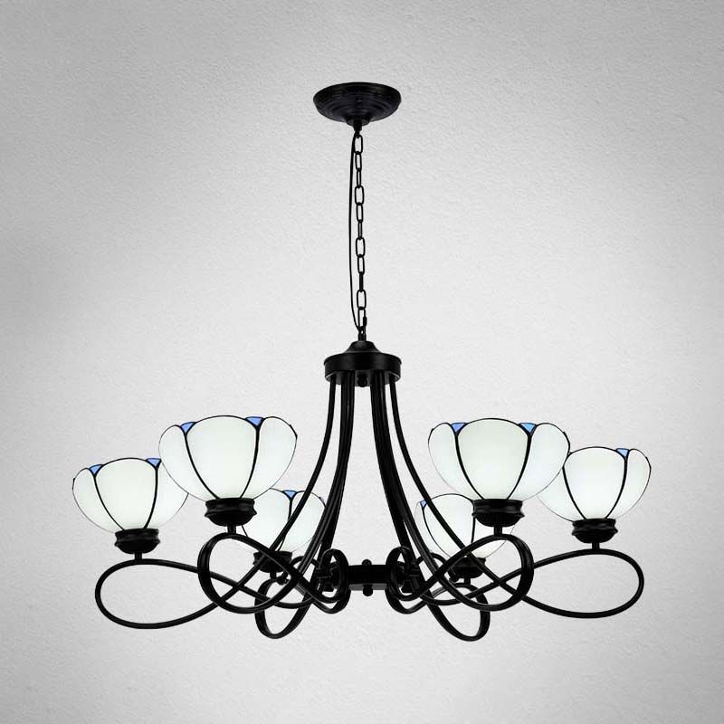 3/5 Lights Scalloped/Cone Hanging Chandelier Baroque White/Yellow/Beige Glass Suspension Lighting for Living Room with Curved Arm