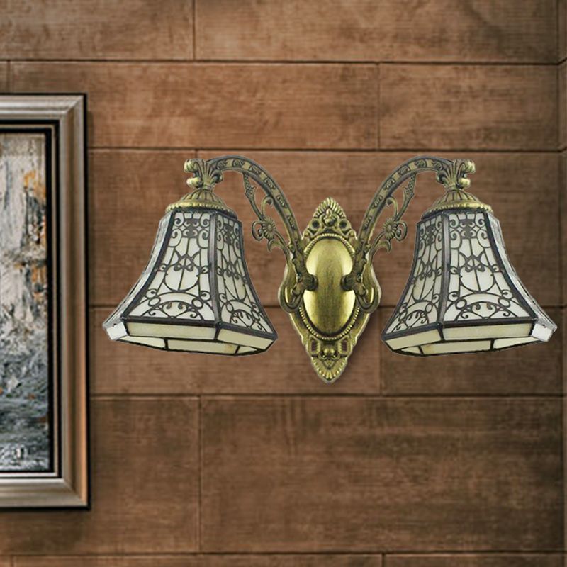 Beige Glass Bell Wall Lighting with Fence Design 2 Heads Rustic Lodge Sconce Light