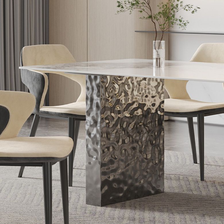 Rectangular Dining Table Grey Stone Table Top Double Pedestal Metal Base