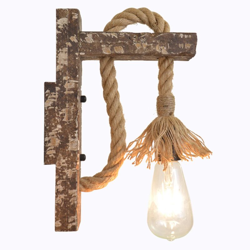 1 Light Bare Bulb Wall Light Fixture Warehouse Beige Jute Rope Wall Mounted Lamp with Wood Backplate
