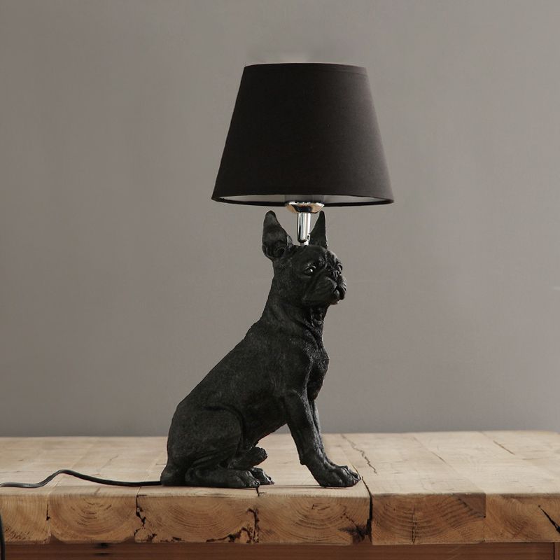 1 Bulb Fabric Night Table Light Traditional Black Drum Bedroom Nightstand Lamp with Resin Dog Base