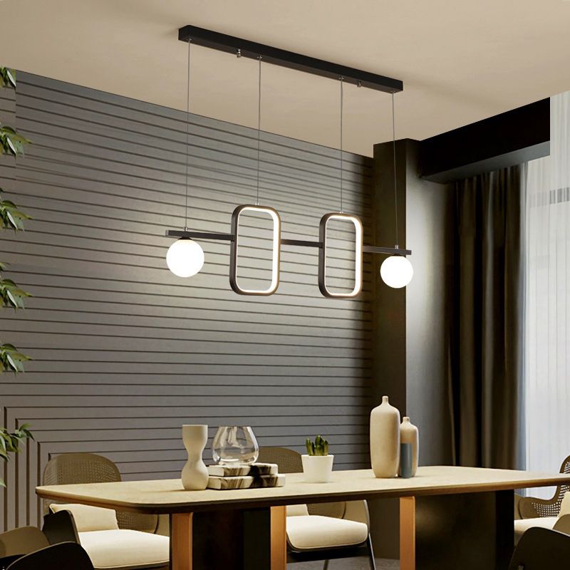 Symmetrical Geometric LED Hanging Light Minimalist Metal Dining Room Island Ceiling Light with Cream Glass Shade
