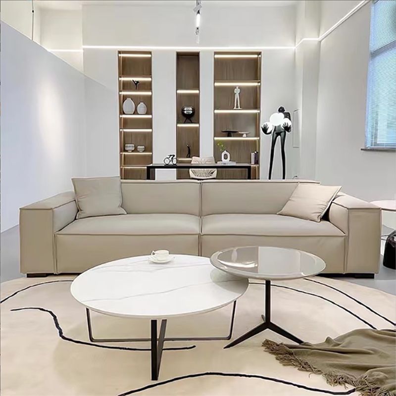 Contemporary White Cushions Square Arm Living Room Genuine Leather Seating