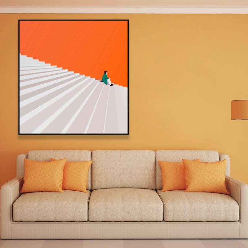 Nordic Man with Stair Painting Still Life Square Wall Art Deco in Orange for Bedroom