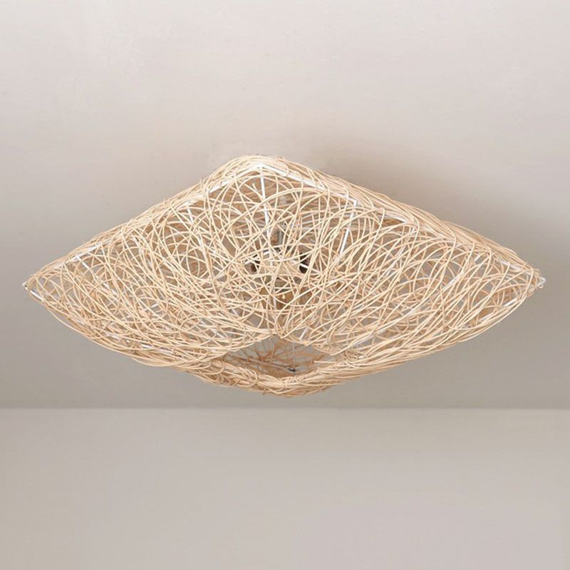 Japanese Square Flush Ceiling Light Rattan 3 Heads Bedroom Flush Mount Lighting in Wood