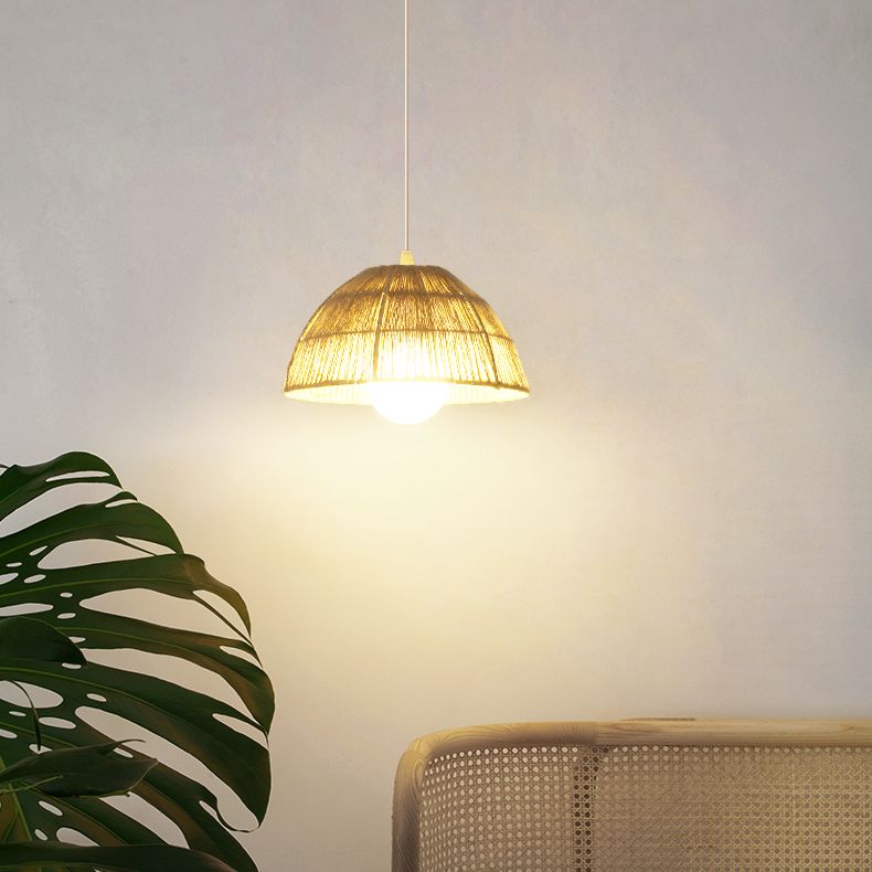 Single Light Dome Suspended Light Asian Style Rattan Decorative Lighting Fixture in Wood