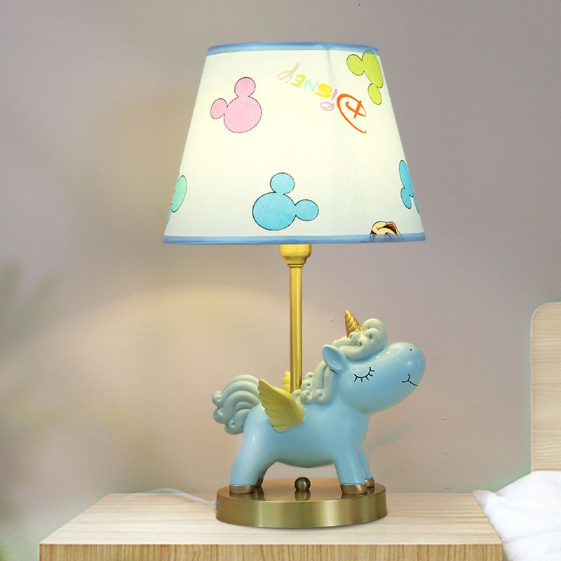 Resin Flying Horse Table Lamp Kids 1 Head Nightstand Light in Pink/Blue with Printed Fabric Shade
