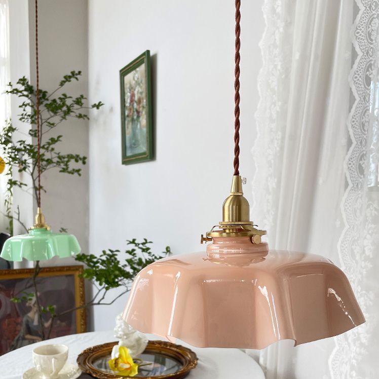 1-Light Flower Hanging Lamp Kit Vintage Glass Pendant Light for Dining Room