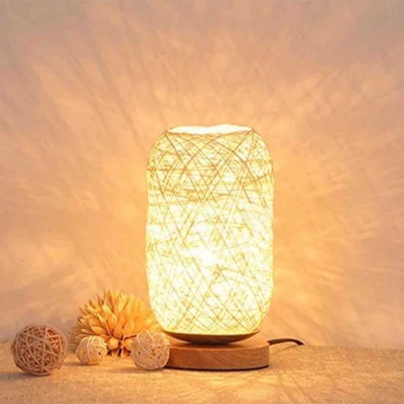 Bamboo Rattan Capsule Night Table Light Modern Asia 1-Light Beige/Coffee Nightstand Lamp