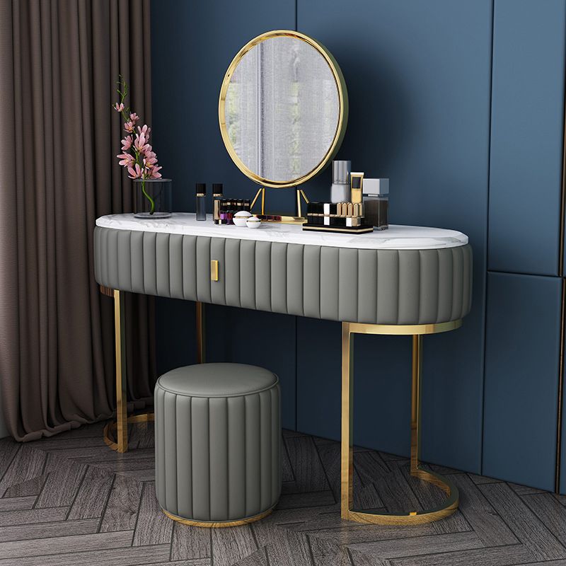 Stone Top Oval Vanity Table Mirrored Metal Makeup Dressing Table