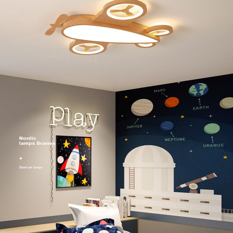 Wooden Airplane Shaped Ceiling Mount Light Cartoon LED Flush Light for Childrens Bedroom