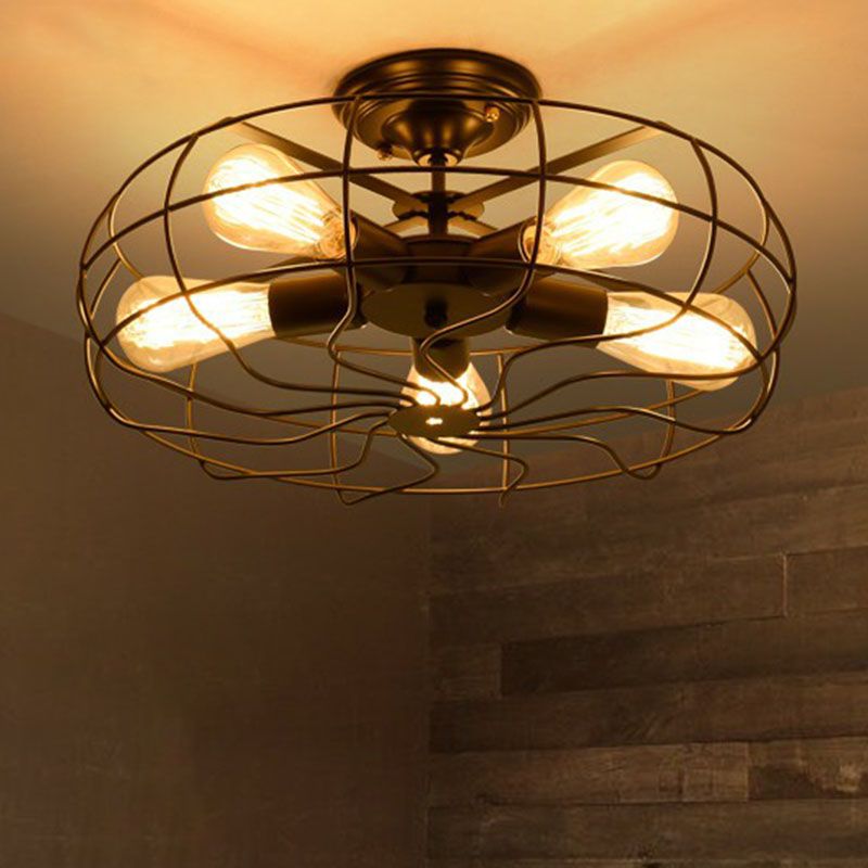 Radial Shape Iron Semi Flush Ceiling Light Vintage Restaurant Flush Mount Lighting with Cage in Black