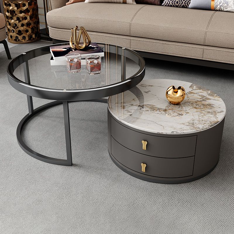 No Distressing Stone Coffee Table Frame Round Nesting Coffee Table Set with 2 Drawers
