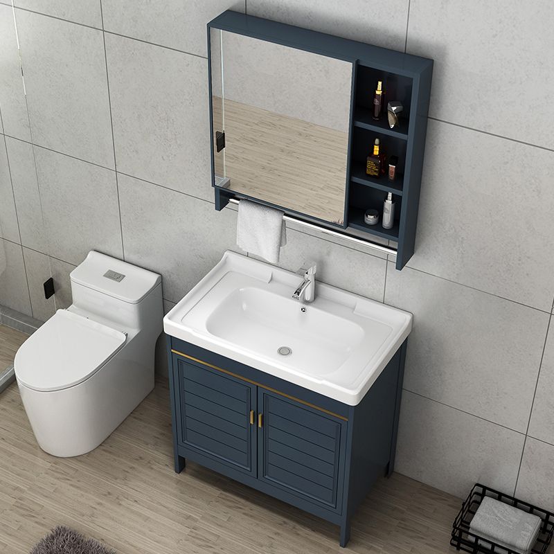 Blue Bath Vanity Single Sink Freestanding Metal Frame Mirror Vanity with Soft Close Doors