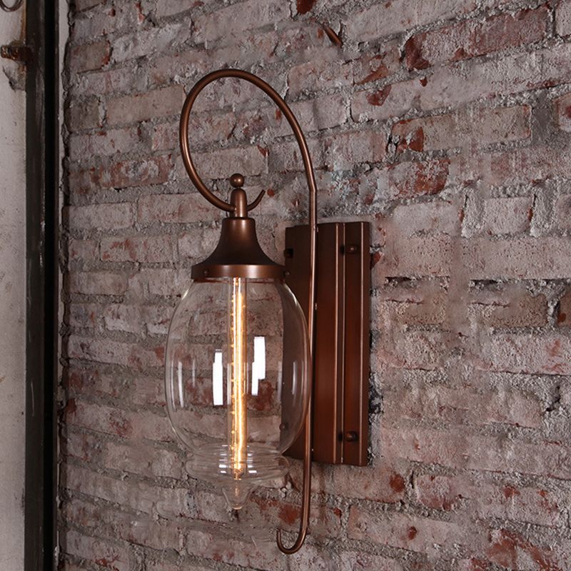 Glass Brown Wall Lamp in Industrial Retro Style Wrought Iron Drum Wall Light for Porch