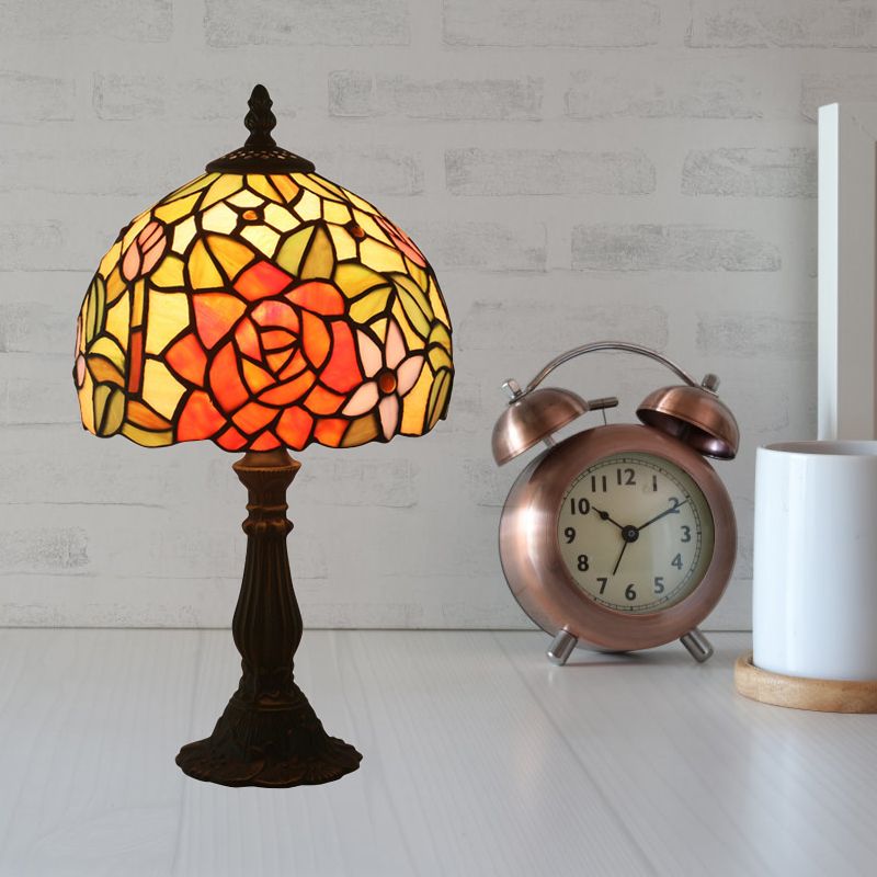 Bronze 1 Head Night Table Light Tiffany Style Cut Glass Yellow/Orange/Purple Rose Patterned Desk Lighting with Dome Shade