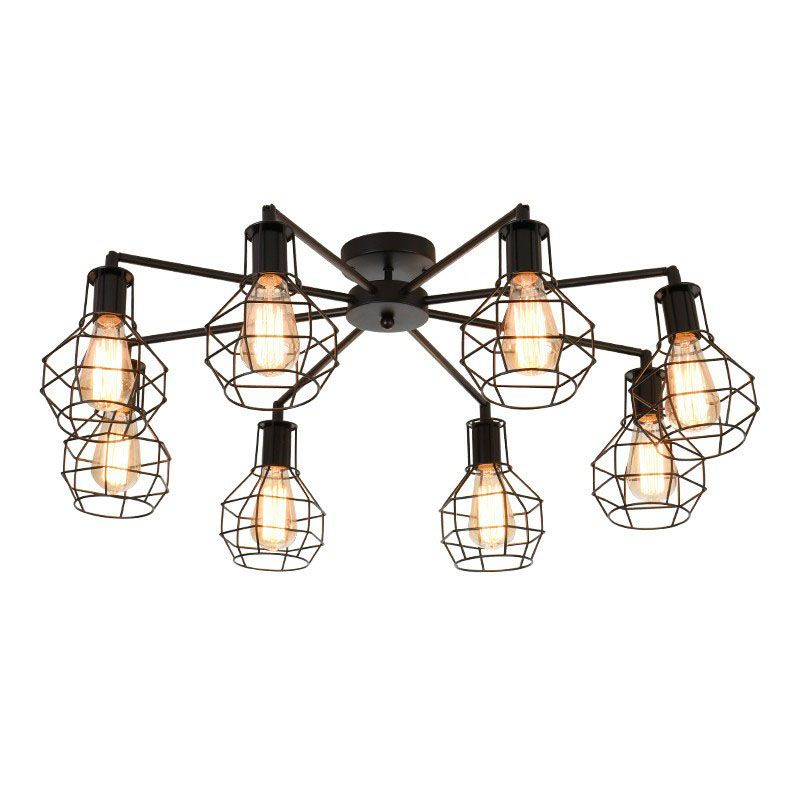 Radial Shape Iron Semi Flush Ceiling Light Vintage Restaurant Flush Mount Lighting with Cage in Black