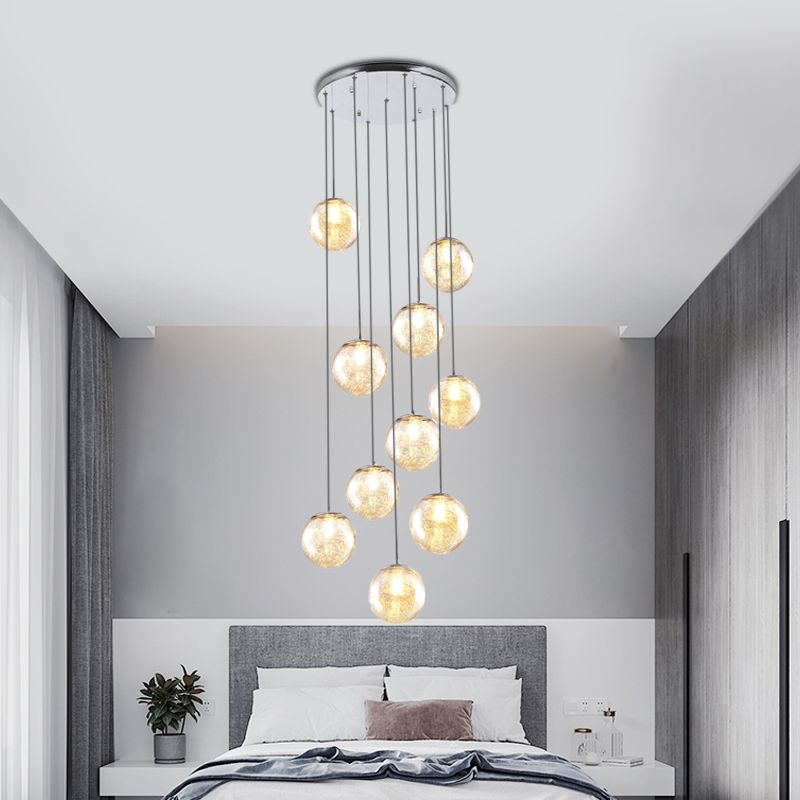 Contemporary Sphere Ceiling Lamp 10 Lights Amber Glass Multi Light Pendant for Bedroom