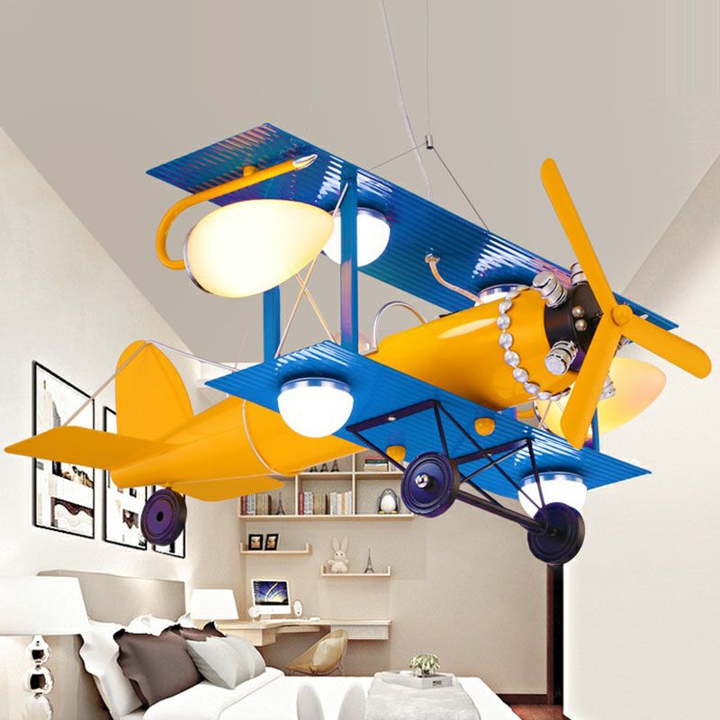 Jet Plane LED Ceiling Lighting Childrens Metallic Nursery Chandelier Light with Cream Glass Shade in Yellow