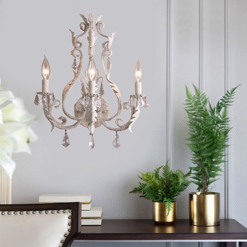 Rustic Curved Arm Wall Mount Light 3 Lights Grey/White/Distressed White Metal Sconce Light with Crystal Accent