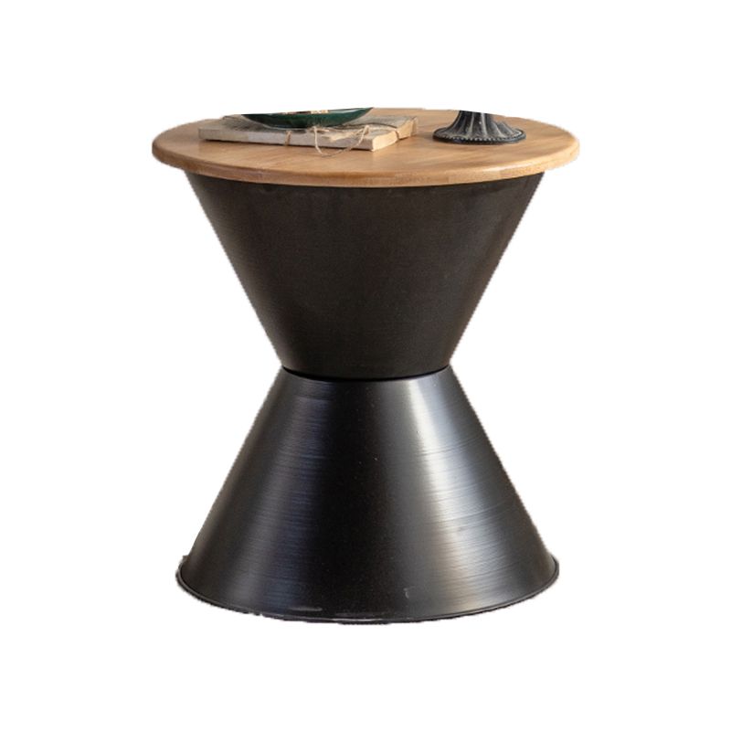 Round Solid Wood Top Coffee Table Iron Pedestal Cocktail Table