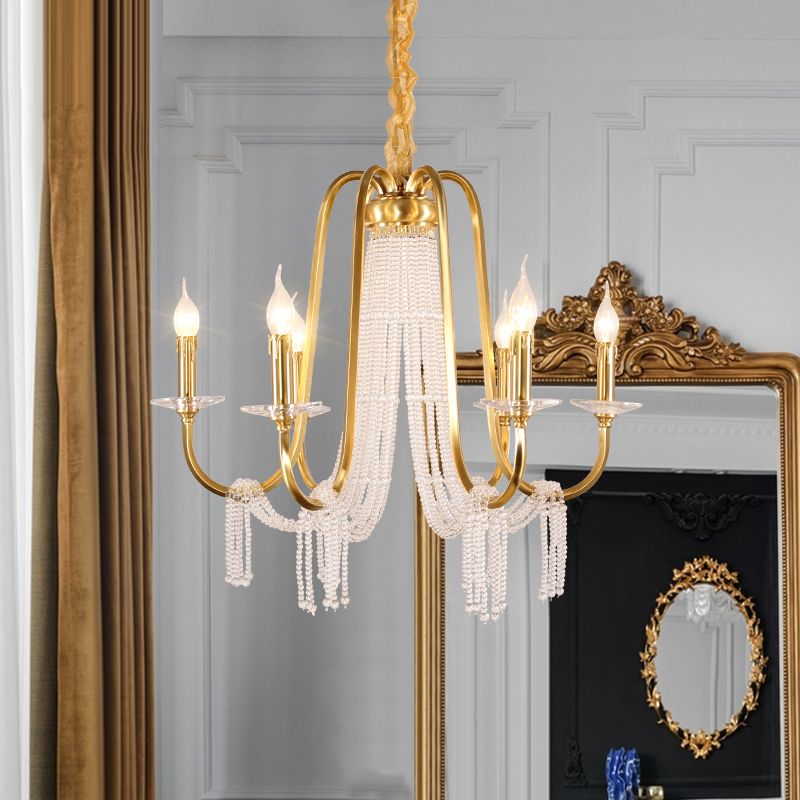 Gold 6 Lumières Pendard Chandelier Lodge Crystal Curvy Plafond Suspension Lampe pour chambre à coucher