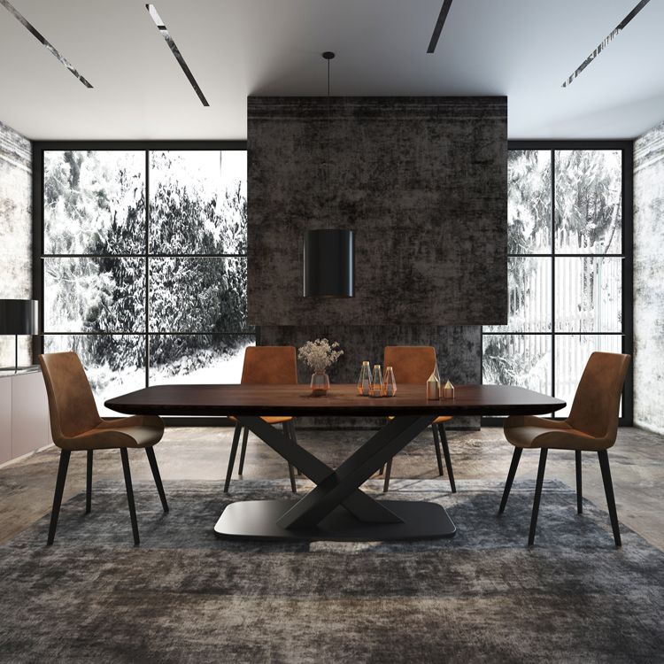 Mesa de comedor rectangular industrial de metal, mesa superior de madera maciza con base de pedestal