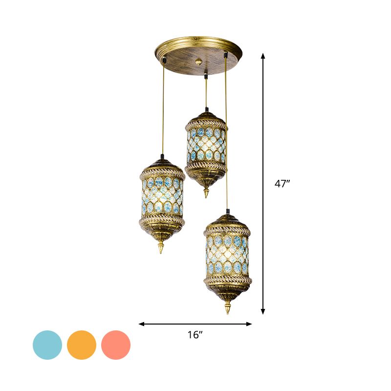 Cylindrical Metal Multi Pendant Light Art Deco 3 Heads Dining Room Ceiling Lamp Fixture in Red/Blue/Yellow
