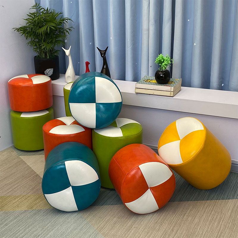 Color Block Pouf Cylinder Shape Faux Leather Contemporary Stain Resistant Pouf