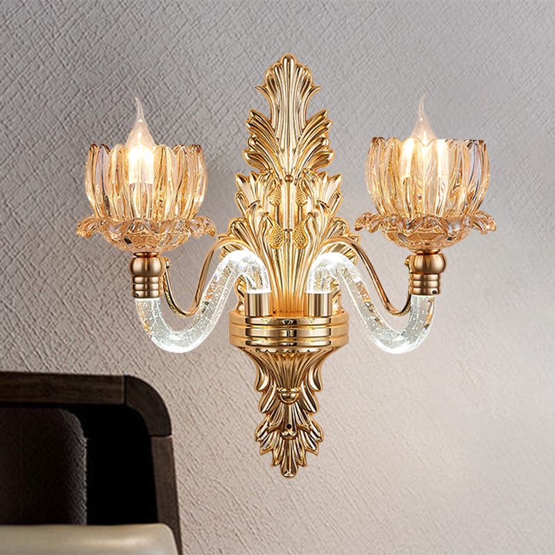 Mid Century Floral Sconce Lamp Fixture 2 Lights Ribbed Glass Wall Mounted Light in Gold