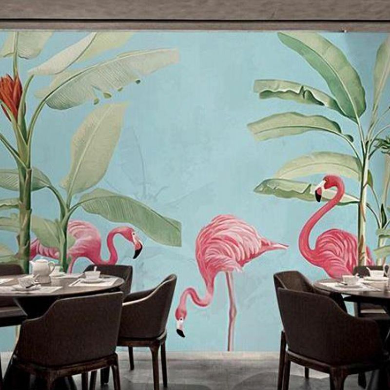 Illustration Flamingo and Leaf Mural Full Size Wall Art for Coffee Shop, Custom-Printed