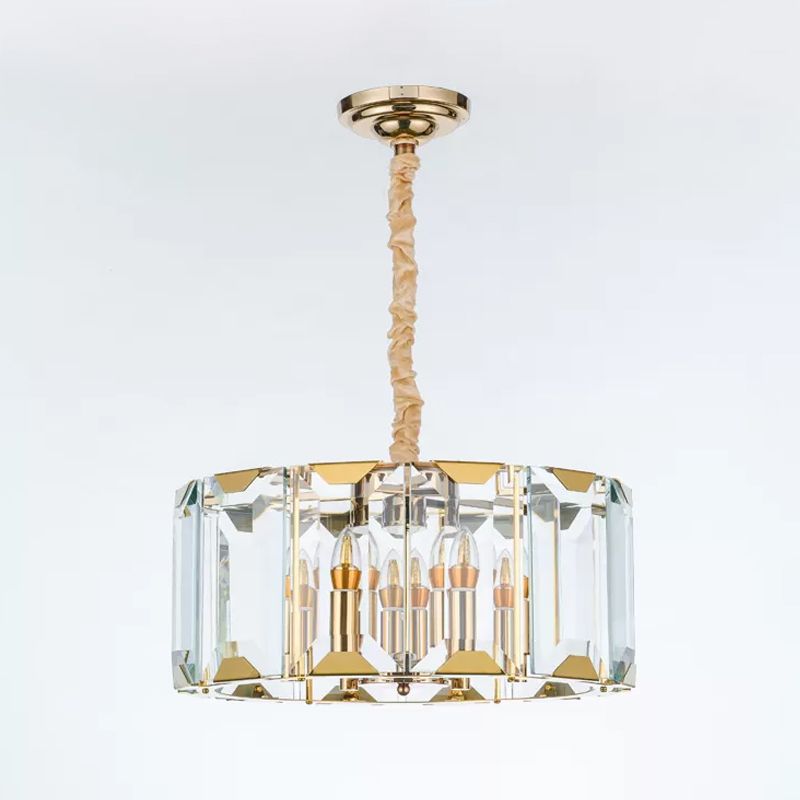 Clear Crystal Paneled Drum Pendant Lamp Modern Style 6 Lights Dining Room Chandelier Light