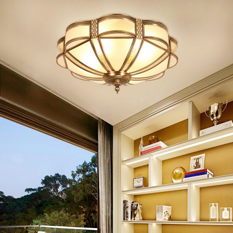 Style Colonial 1 Lumière Plafonnier En Cuivre Abat-Jour En Verre Blanc Plafonnier Chambre Salle À Manger