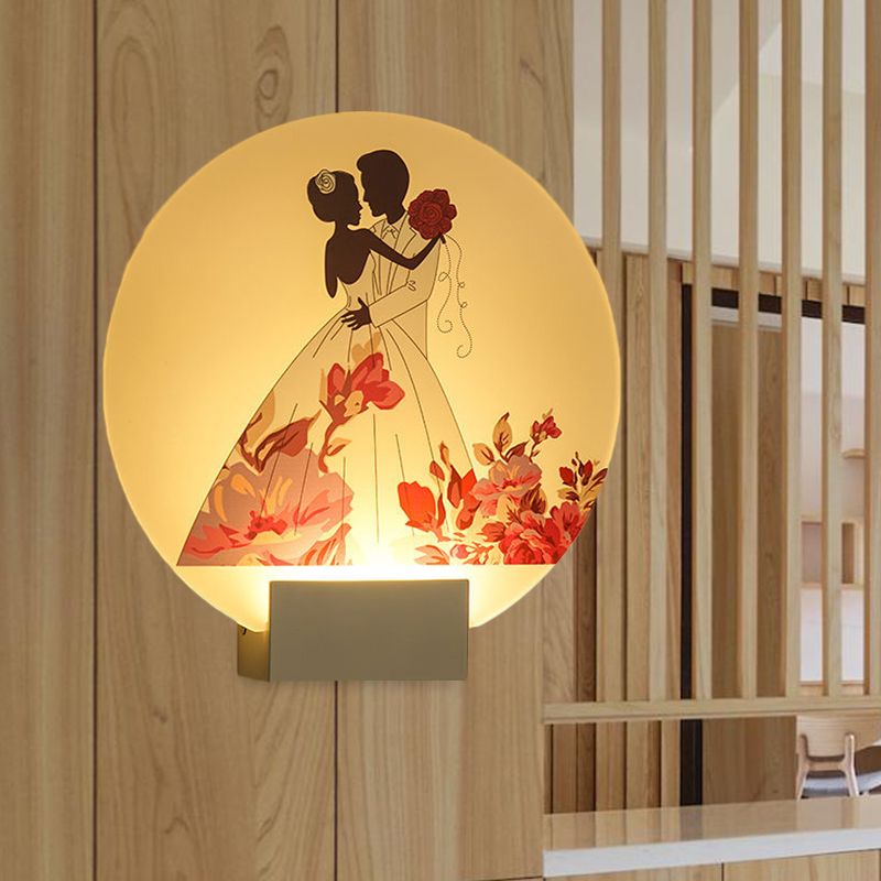 White Circular Romantic Couple Wall Lighting Asia Style LED Acrylic Wall Mural Lamp for Wedding Room