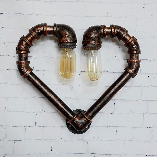 Loving Heart Metal Wall Lamp with Pipe Design Industrial 2/10 Lights Restaurant Sconce Lighting Fixture in Bronze