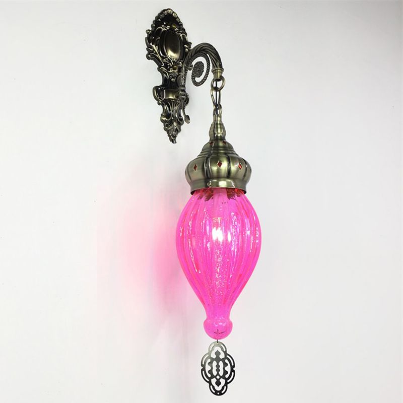 Traditional Teardrop Sconce Black/White/Light Blue Glass 1 Head Wall Mounted Lamp with Carved Metal Arm