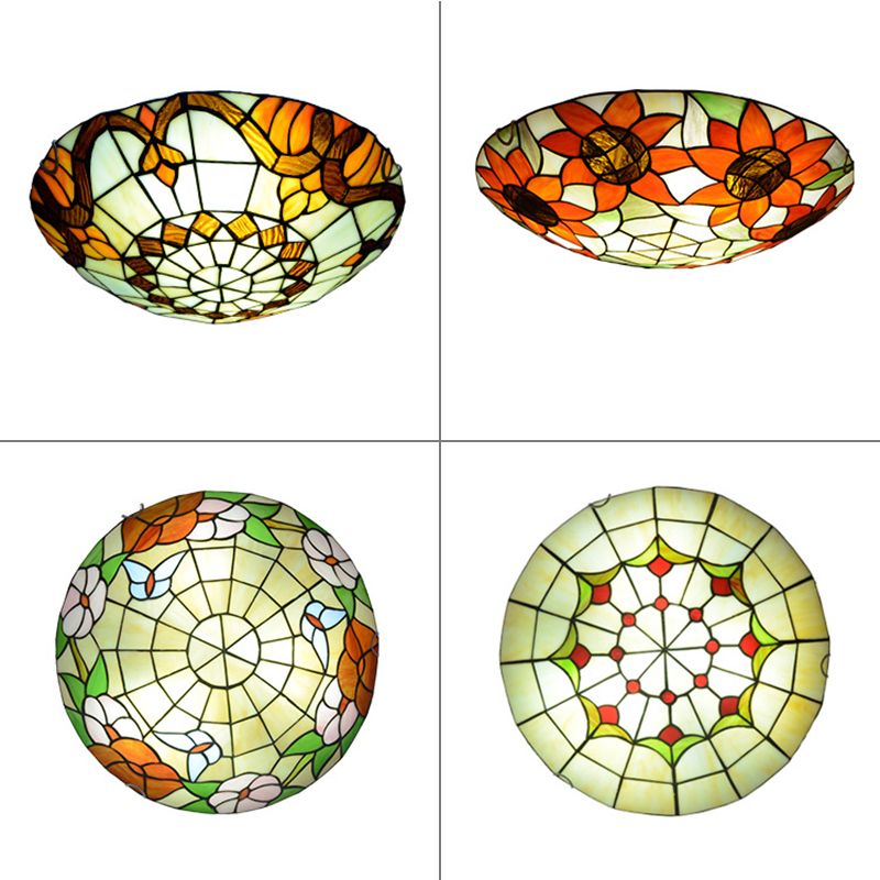 Multicolored Stained Glass Bowl Flushmount Tiffany-Style Ceiling Light for Bedroom