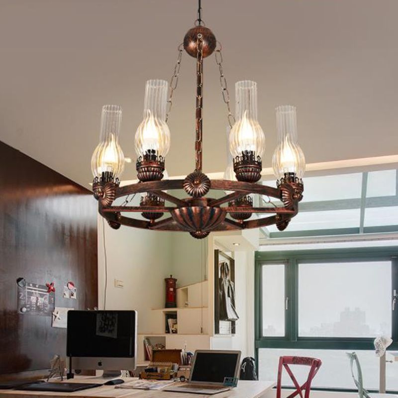 6 Bulbs Wagon Wheel Chandelier Light Traditional Clear Ribbed Glass Hanging Ceiling Fixture in Copper