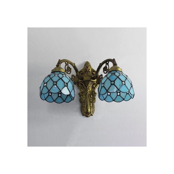 Bead Wall Lighting with Bowl Shade Stained Glass 2 Heads Rustic Loft Sconce Lamp in Green/Blue for Library