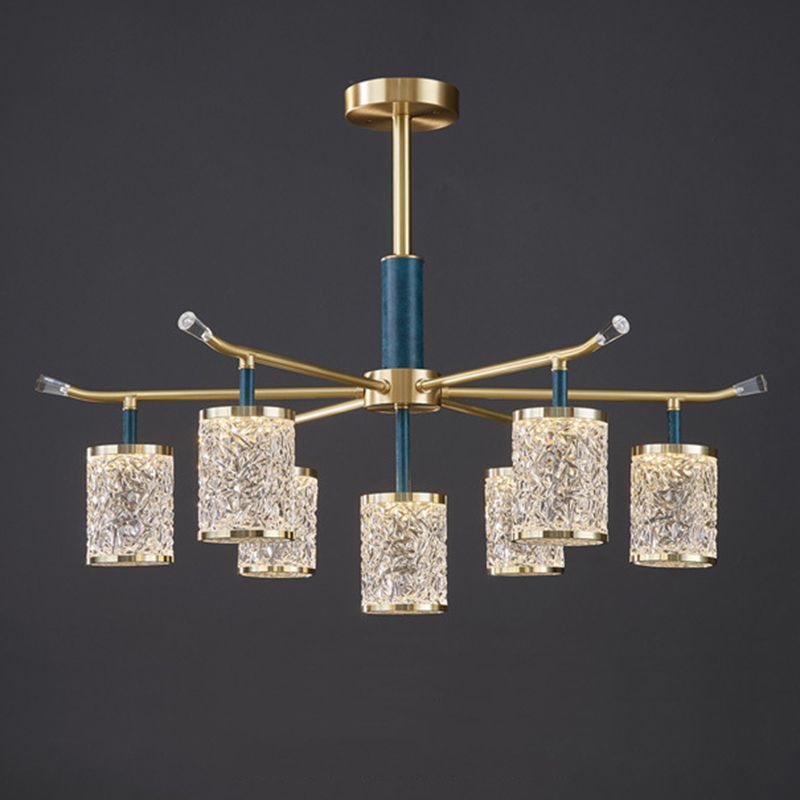 Diner Chandelier Modern Brass Pendant Light with Cylindrical Rippled Glass Shade