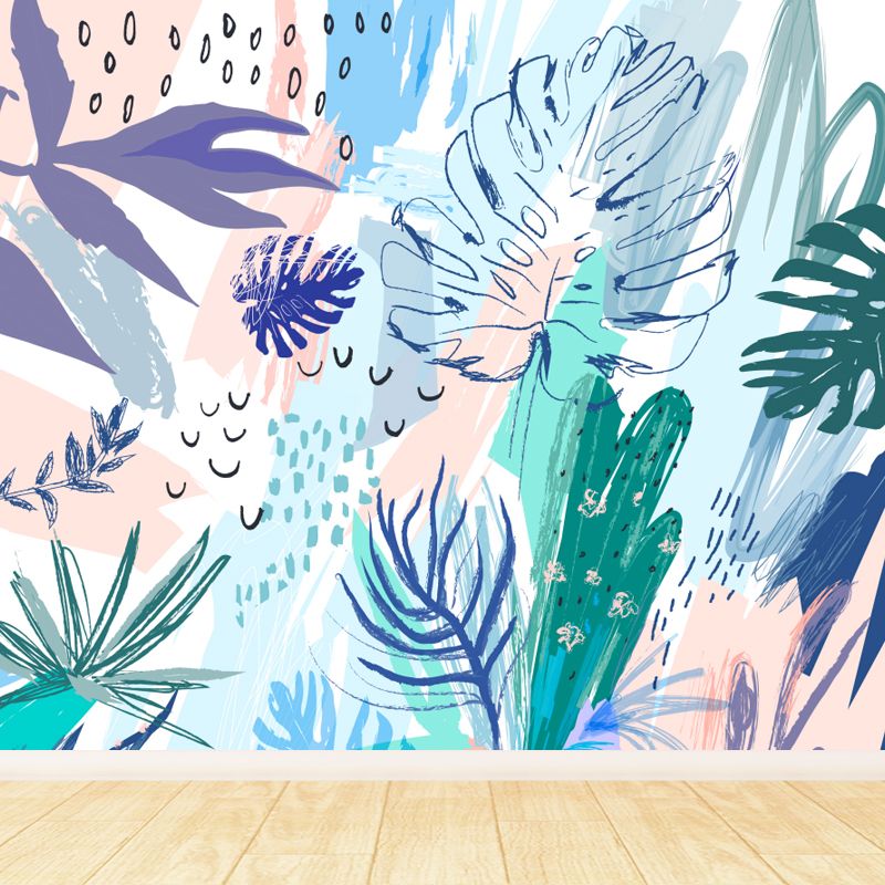 Watercolor Plant Leaves Mural Wallpaper Modern Water-Proof Living Room Wall Art, Custom Made