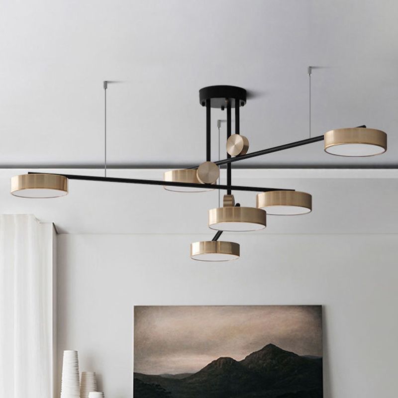 Modernist 6-Head Multi Lamp Pendant with Metal Shade Black and Gold Small Drum Suspension Light